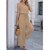 image:imageDokotoo Womens Jumpsuits Crewneck Lace Cap Sleeve Drawstring High Waist Wide Leg Casual Rompers with PocketsApricot