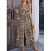 image:imageDokotoo Womens Jumpsuits Crewneck Lace Cap Sleeve Drawstring High Waist Wide Leg Casual Rompers with PocketsLeopard Brown