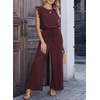 image:imageDokotoo Womens Jumpsuits Crewneck Lace Cap Sleeve Drawstring High Waist Wide Leg Casual Rompers with PocketsWine Red