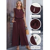 image:imageDokotoo Womens Jumpsuits Crewneck Lace Cap Sleeve Drawstring High Waist Wide Leg Casual Rompers with PocketsWine Red
