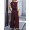 image:imageDokotoo Womens Jumpsuits Crewneck Lace Cap Sleeve Drawstring High Waist Wide Leg Casual Rompers with PocketsWine Red