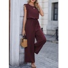 image:imageDokotoo Womens Jumpsuits Crewneck Lace Cap Sleeve Drawstring High Waist Wide Leg Casual Rompers with PocketsWine Red