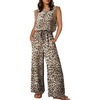 image:imageDokotoo Womens Jumpsuits Crewneck Lace Cap Sleeve Drawstring High Waist Wide Leg Casual Rompers with PocketsLeopard Brown