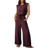 image:imageDokotoo Womens Jumpsuits Crewneck Lace Cap Sleeve Drawstring High Waist Wide Leg Casual Rompers with PocketsWine Red