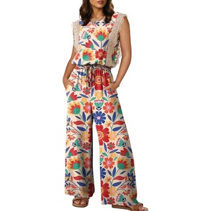image:imageDokotoo Womens Jumpsuits Crewneck Lace Cap Sleeve Drawstring High Waist Wide Leg Casual Rompers with PocketsFloral Orange