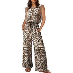 image:imageDokotoo Womens Jumpsuits Crewneck Lace Cap Sleeve Drawstring High Waist Wide Leg Casual Rompers with PocketsLeopard Brown