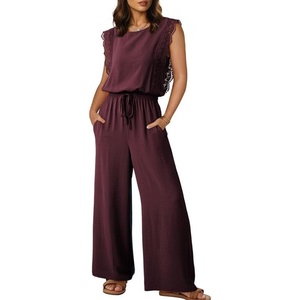 image:imageDokotoo Womens Jumpsuits Crewneck Lace Cap Sleeve Drawstring High Waist Wide Leg Casual Rompers with PocketsWine Red