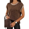 image:imageDokotoo Womens Embroidered Floral Sweater Crew Neck 2026 Cap Sleeve Loose Fit Knit Pullover TopsCoffee