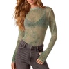 image:imageDokotoo Womens Velvet Floral Embroidery Mesh Tops Gradient 2026 Long Sleeve Lace ShirtGrass Green