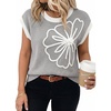 image:imageDokotoo Womens Embroidered Floral Sweater Crew Neck 2026 Cap Sleeve Loose Fit Knit Pullover TopsLight Grey