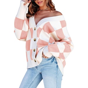 image:imageDokotoo Cardigan Sweaters for Women Long Sleeve Cable Knit Plaid Cardigan  Fall Outfits for Women Early Fall Fashion Cute V Neck Loose Button Down Coats Checkered Pattern Soft Lightweight TopsPink