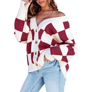 image:imageDokotoo Cardigan Sweaters for Women Long Sleeve Cable Knit Plaid Cardigan  Fall Outfits for Women Early Fall Fashion Cute V Neck Loose Button Down Coats Checkered Pattern Soft Lightweight TopsRed
