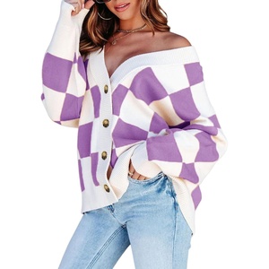 image:imageDokotoo Cardigan Sweaters for Women Long Sleeve Cable Knit Plaid Cardigan  Fall Outfits for Women Early Fall Fashion Cute V Neck Loose Button Down Coats Checkered Pattern Soft Lightweight TopsPurple