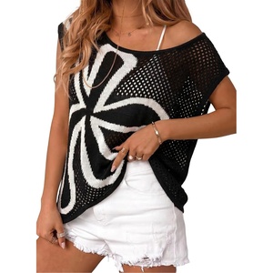 image:imageDokotoo Womens Cap Sleeve Crochet Sweater Hollow Out Floral Summer Tops Casual Beach Vacation Cruise OutfitsBlack