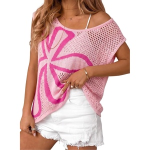 image:imageDokotoo Womens Cap Sleeve Crochet Sweater Hollow Out Floral Summer Tops Casual Beach Vacation Cruise OutfitsPink