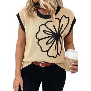 image:imageDokotoo Womens Embroidered Floral Sweater Crew Neck 2026 Cap Sleeve Loose Fit Knit Pullover TopsApricot