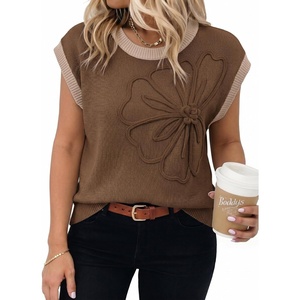 image:imageDokotoo Womens Embroidered Floral Sweater Crew Neck 2026 Cap Sleeve Loose Fit Knit Pullover TopsCoffee