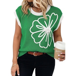 image:imageDokotoo Womens Embroidered Floral Sweater Crew Neck 2026 Cap Sleeve Loose Fit Knit Pullover TopsDark Green