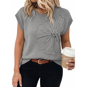 image:imageDokotoo Womens Embroidered Floral Sweater Crew Neck 2026 Cap Sleeve Loose Fit Knit Pullover TopsDark Grey