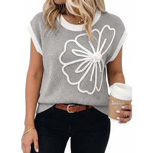 image:imageDokotoo Womens Embroidered Floral Sweater Crew Neck 2026 Cap Sleeve Loose Fit Knit Pullover TopsLight Grey