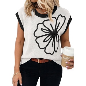 image:imageDokotoo Womens Embroidered Floral Sweater Crew Neck 2026 Cap Sleeve Loose Fit Knit Pullover TopsWhite
