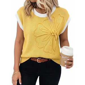 image:imageDokotoo Womens Embroidered Floral Sweater Crew Neck 2026 Cap Sleeve Loose Fit Knit Pullover TopsYellow Cream