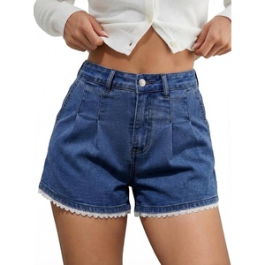 image:imageDokotoo Womens Jean Shorts Scalloped Lace Trim High Waist Denim Shorts Pleated Stretchy Wide Leg Summer ShortBlue