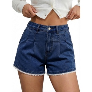 image:imageDokotoo Womens Jean Shorts Scalloped Lace Trim High Waist Denim Shorts Pleated Stretchy Wide Leg Summer ShortNavy Blue