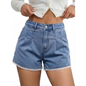 image:imageDokotoo Womens Jean Shorts Scalloped Lace Trim High Waist Denim Shorts Pleated Stretchy Wide Leg Summer ShortSky Blue