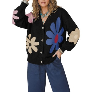 image:imageDokotoo Cardigan Sweaters for Women Long Sleeve Floral Print Coats Tops  Fall Outfits for Women V Neck Button Down Loose Fit Warm Soft Cable Knit 2026 Fashion Casual Womens Clothes Color BlockBlack