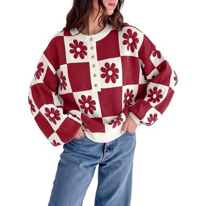 image:imageDokotoo Sweaters for Women Crewneck Long Sleeve Floral Plaid Sweater Tops  2026 Casual Fashion Fall Winter Clothes Soft Loose Fit Button Down Pullover Shirts Warm Knitted Basic Business OutfitsRed