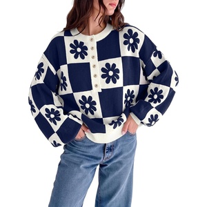 image:imageDokotoo Sweaters for Women Crewneck Long Sleeve Floral Plaid Sweater Tops  2026 Casual Fashion Fall Winter Clothes Soft Loose Fit Button Down Pullover Shirts Warm Knitted Basic Business OutfitsBlue