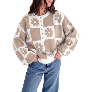 image:imageDokotoo Sweaters for Women Crewneck Long Sleeve Floral Plaid Sweater Tops  2026 Casual Fashion Fall Winter Clothes Soft Loose Fit Button Down Pullover Shirts Warm Knitted Basic Business OutfitsKhaki
