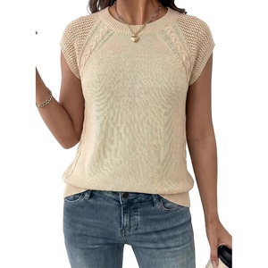 image:imageDokotoo Womens Sweaters Crewneck Cable Knit Vest Tops for Women 2026 Summer Fashion Clothing Cap Sleeve Sweater VestBeige