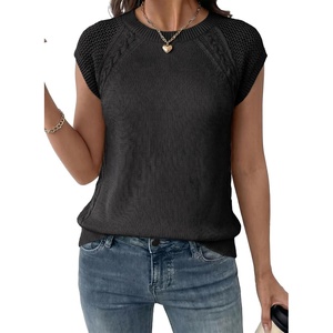 image:imageDokotoo Womens Sweaters Crewneck Cable Knit Vest Tops for Women 2026 Summer Fashion Clothing Cap Sleeve Sweater VestBlack