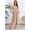 image:imageDokotoo Womens Dresses 2026 V Neck Puff Long Sleeve Empire Waist Maxi Dress  Spring Fall ALine Flowy Hem Solid Color Midi Maxi Side Pockets Elegant Daily Casual Fashion ClothingBeige
