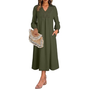 image:imageDokotoo Womens Dresses 2026 V Neck Puff Long Sleeve Empire Waist Maxi Dress  Spring Fall ALine Flowy Hem Solid Color Midi Maxi Side Pockets Elegant Daily Casual Fashion ClothingGreen