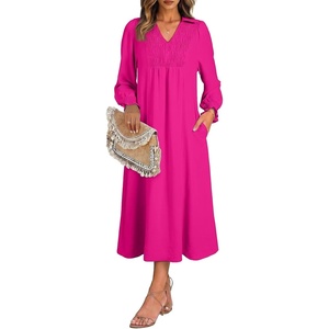 image:imageDokotoo Womens Dresses 2026 V Neck Puff Long Sleeve Empire Waist Maxi Dress  Spring Fall ALine Flowy Hem Solid Color Midi Maxi Side Pockets Elegant Daily Casual Fashion ClothingRose