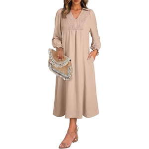 image:imageDokotoo Womens Dresses 2026 V Neck Puff Long Sleeve Empire Waist Maxi Dress  Spring Fall ALine Flowy Hem Solid Color Midi Maxi Side Pockets Elegant Daily Casual Fashion ClothingBeige