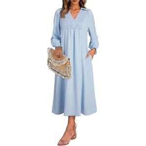 image:imageDokotoo Womens Dresses 2026 V Neck Puff Long Sleeve Empire Waist Maxi Dress  Spring Fall ALine Flowy Hem Solid Color Midi Maxi Side Pockets Elegant Daily Casual Fashion ClothingBlue