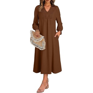 image:imageDokotoo Womens Dresses 2026 V Neck Puff Long Sleeve Empire Waist Maxi Dress  Spring Fall ALine Flowy Hem Solid Color Midi Maxi Side Pockets Elegant Daily Casual Fashion ClothingBrown
