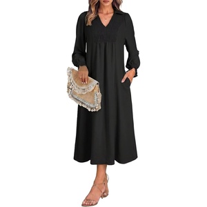 image:imageDokotoo Womens Dresses 2026 V Neck Puff Long Sleeve Empire Waist Maxi Dress  Spring Fall ALine Flowy Hem Solid Color Midi Maxi Side Pockets Elegant Daily Casual Fashion ClothingBlack