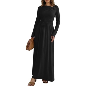 image:imageDokotoo Womens Long Sleeve Asymmetrical Neck Maxi Dress  Ruched Empire Waist ALine Hem Solid Color Maxi Side Pockets Elegant Daily Casual Fashion Clothing 2026 Fall ClothesBlack