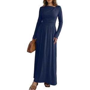 image:imageDokotoo Womens Long Sleeve Asymmetrical Neck Maxi Dress  Ruched Empire Waist ALine Hem Solid Color Maxi Side Pockets Elegant Daily Casual Fashion Clothing 2026 Fall ClothesNavy Blue