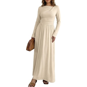 image:imageDokotoo Womens Long Sleeve Asymmetrical Neck Maxi Dress  Ruched Empire Waist ALine Hem Solid Color Maxi Side Pockets Elegant Daily Casual Fashion Clothing 2026 Fall ClothesApricot