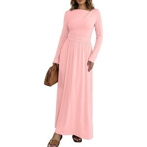 image:imageDokotoo Womens Long Sleeve Asymmetrical Neck Maxi Dress  Ruched Empire Waist ALine Hem Solid Color Maxi Side Pockets Elegant Daily Casual Fashion Clothing 2026 Fall ClothesPink