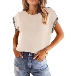 image:imageDokotoo Womens Summer Cap Sleeve Tops 2025 Crewneck Sweater Vest Casual Knit Lightweight Sweater Pullover Trendy Tank ShirtsApricot