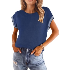 image:imageDokotoo Womens Summer Cap Sleeve Tops 2025 Crewneck Sweater Vest Casual Knit Lightweight Sweater Pullover Trendy Tank ShirtsDark Blue