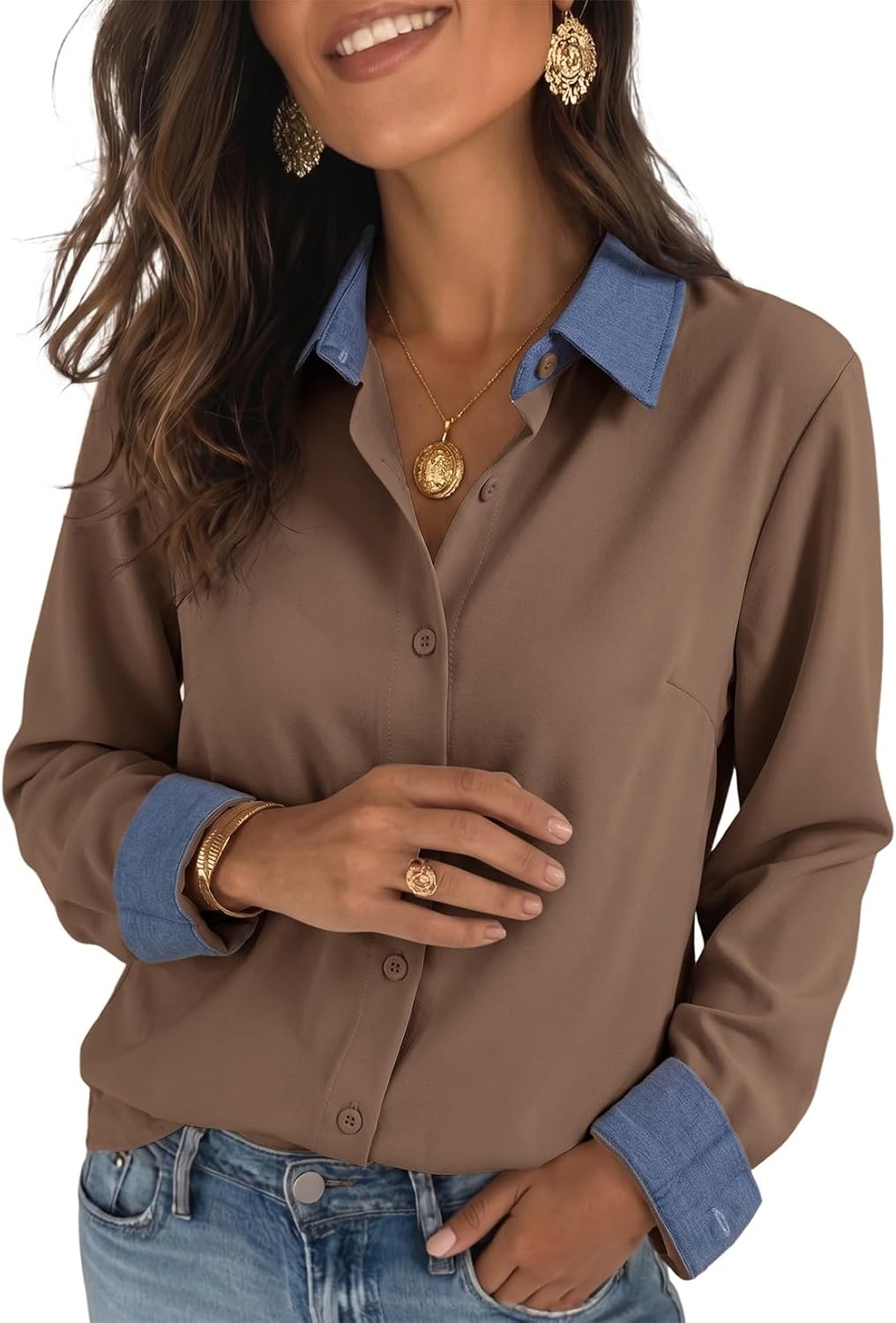 image:imageDokotoo Button Down Shirts for Women Long Sleeve Denim Patchwork Tops  Fashion Collared Shirt Long Sleeve Denim Patchwork Color Block Office Work Top Fall Outfits Daily Casual 2026Brown