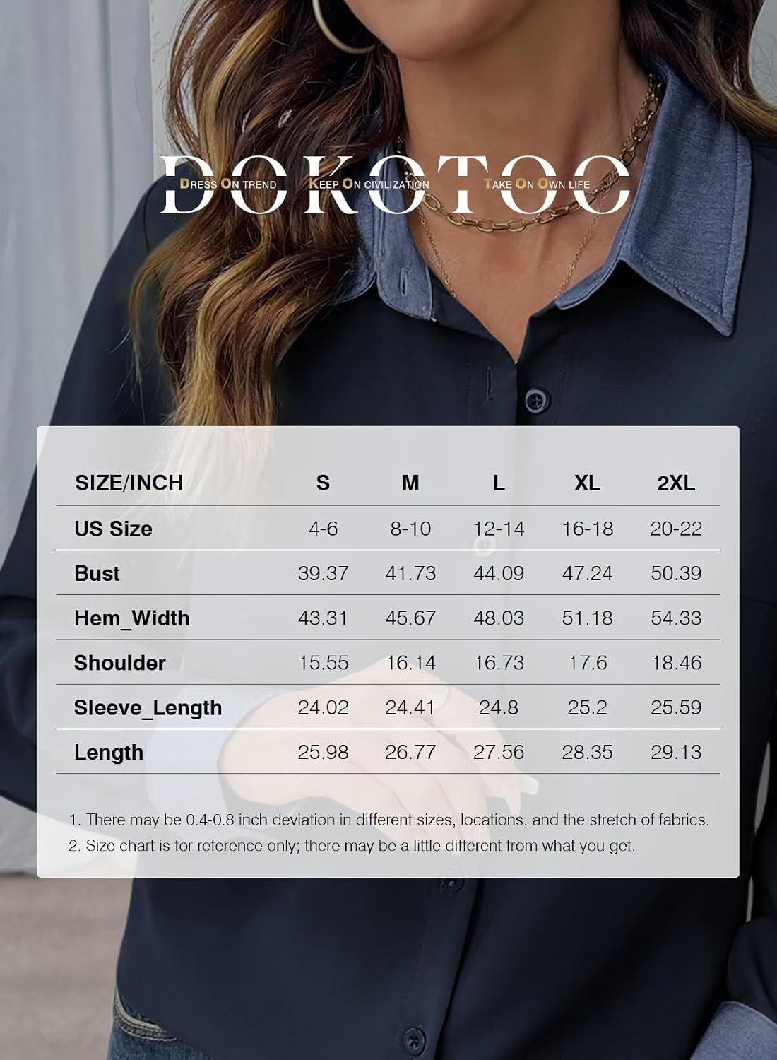 image:imageDokotoo Button Down Shirts for Women Long Sleeve Denim Patchwork Tops  Fashion Collared Shirt Long Sleeve Denim Patchwork Color Block Office Work Top Fall Outfits Daily Casual 2026White